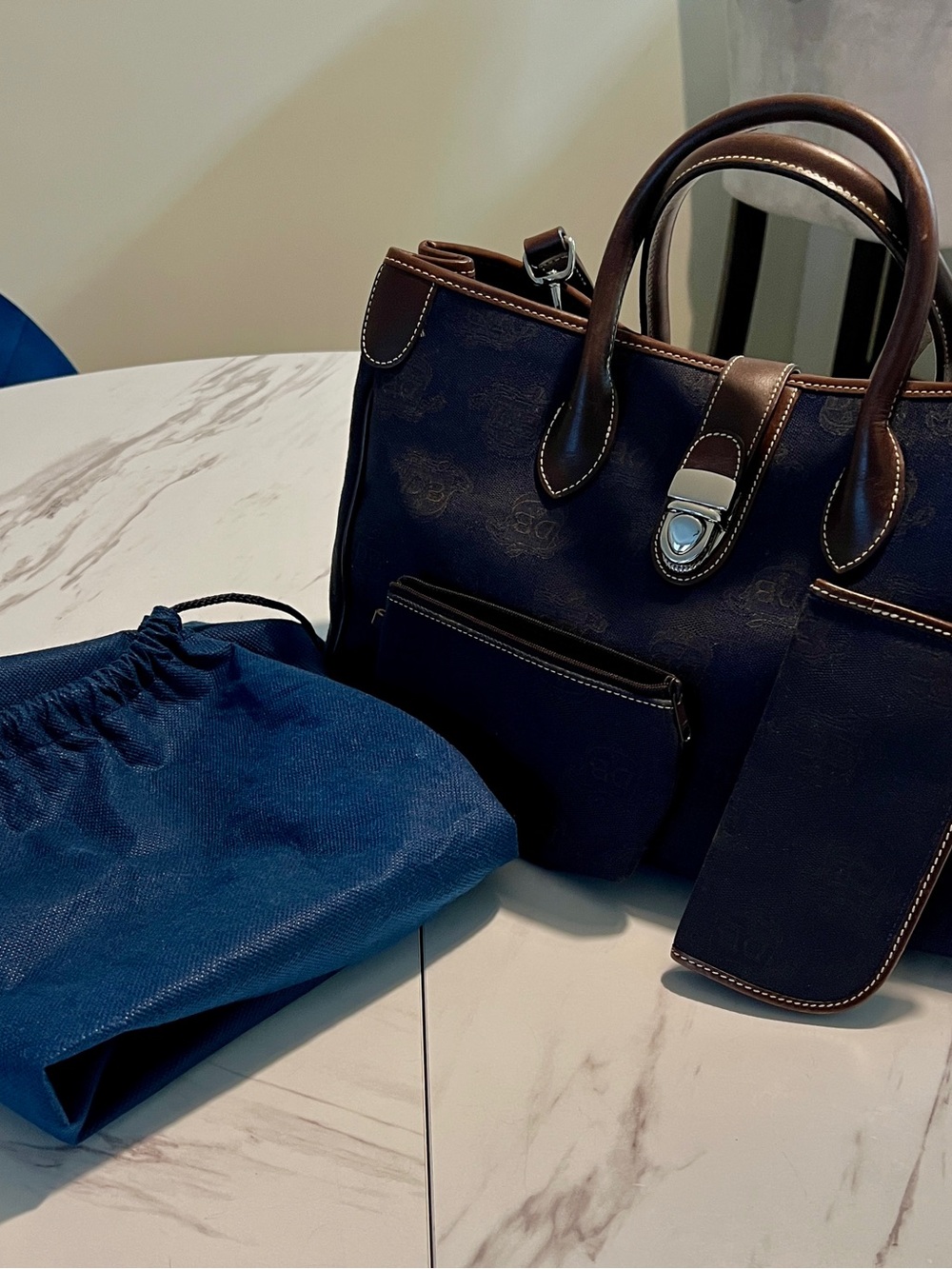 Dooney & Bourke Classic Navy Blue Monogram Canvas Tote Bag Brown Leather Trim